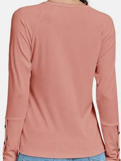 Decorative Button V-Neck Long Sleeve T-Shirt Women's T-Shirts - Tophatter Daily Deals